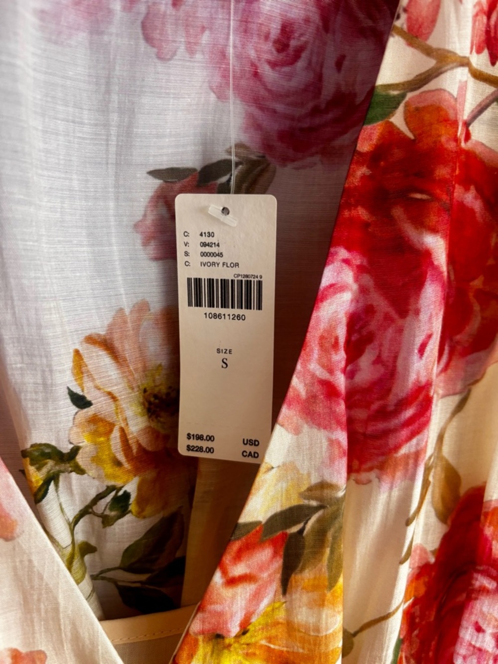 Floral V-Neck Button Front Midi Dress - Cream with Pink Roses - Picture 8 of 10